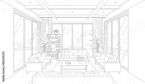Elegant living room interior design sketch with natural light and modern furniture arrangement presented in a clean silhouette style silhouette