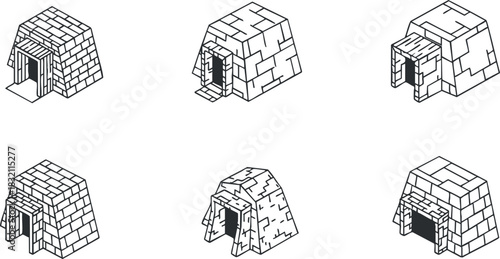 A collection of six different styles of small stone buildings in black and white outline vector style, perfect for architectural design projects