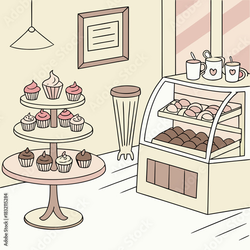 Charming cartoon illustration of a bakery interior with cupcakes and pastries on display