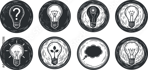 A set of light bulb icons featuring different concepts like ideas, questions, and inspiration in a black and white vintage vector style, perfect for creative projects and educational materials