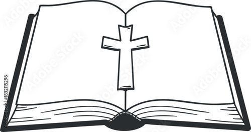 An open Bible featuring a cross illustration in a black and white outline vector style, ideal for religious or educational themes