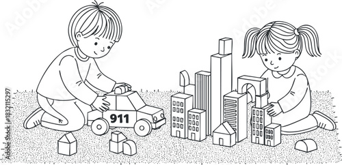 A scene of two children playing with toy blocks and a car in black and white outline vector style, perfect for educational illustrations