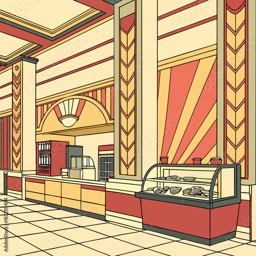 Retro art deco style cafe interior with display cases and service counter