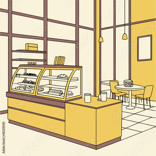 Modern cafe interior with display case of pastries and seating area by large windows