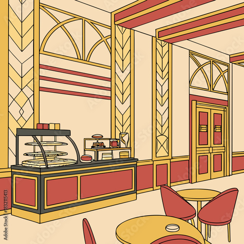 Art deco style cafe interior with dessert display and seating area