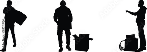 People silhouettes carrying boxes and bags, Human figures with luggage in black silhouette