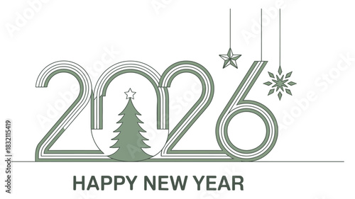 minimalist 2026 happy new year typography design with christmas tree, hanging stars, snowflake ornaments and elegant line art for festive greetings