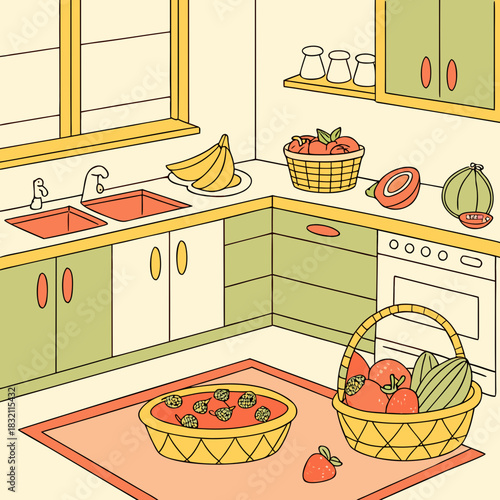 Cozy kitchen scene filled with fresh fruits and vegetables on countertops and in baskets