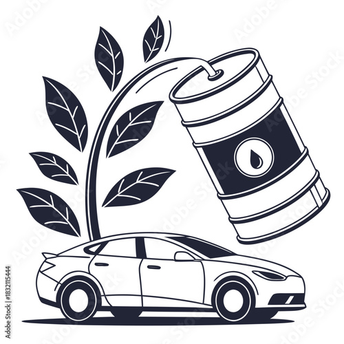 Eco friendly car fueled by natural resources from a barrel with leaves symbolizing growth