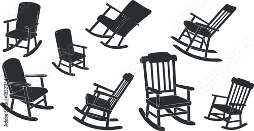 A collection of various rocking chairs in black silhouette vector style, ideal for home decor and interior design projects