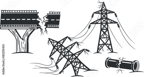 A collection of broken power lines and electricity icons in black and white outline vector style, suitable for safety and technology themes