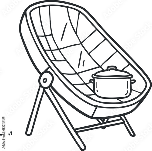 A stylish lounge chair with a cooking pot resting on it in minimalist outline vector style, perfect for home decor and design projects