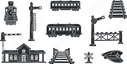 A collection of vintage train illustrations featuring locomotives, train cars, signals, and railway tracks in black and white vector style, ideal for transportation themes
