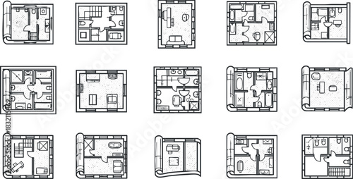A set of architectural floor plans in black and white outline vector style, suitable for real estate and design projects