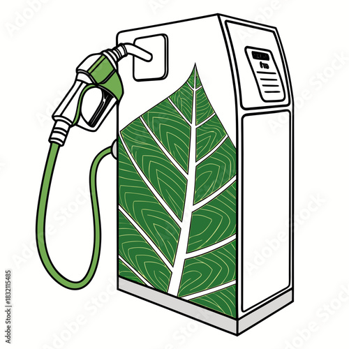 Green leaf pattern on a modern gas pump with a nozzle representing eco friendly fuel and sustainable energy