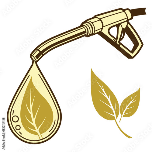 Fueling the future with a drop of golden liquid containing a leaf and two leaves nearby