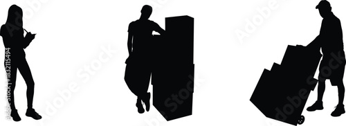 People silhouettes with boxes and trolley, Human figures pushing cart in black silhouette