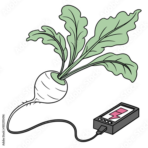 White radish with green leaves connected by a cable to a portable power bank for charging