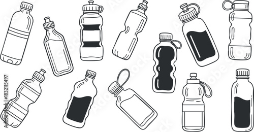 A collection of various water bottles in black and white outline vector style, perfect for health and fitness branding