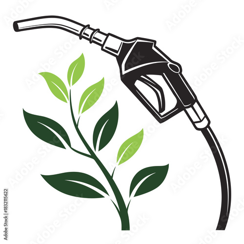 Green energy concept with a gas pump nozzle and a growing plant with leaves