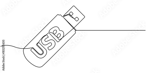  Pen Drive continuous one line drawing,  in minimalist white background, isolated outline illustration. 