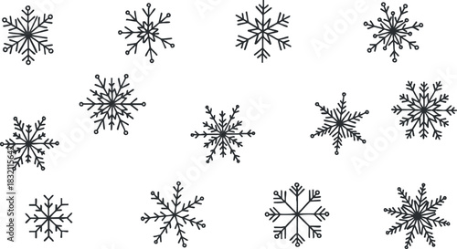 A collection of various snowflakes in black and white minimalist vector style, perfect for winter holiday designs