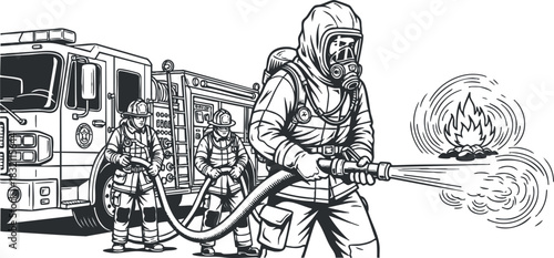 A group of firefighters in action with a fire truck and hose in detailed black and white vector illustration, suitable for safety and emergency themes
