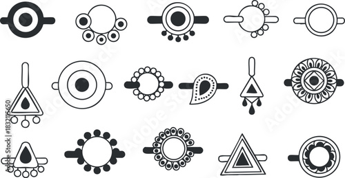 A collection of geometric decorative elements and icons in black and white minimalist vector style, ideal for modern design projects