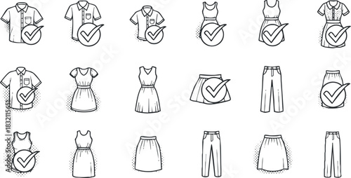 A collection of clothing icons featuring dresses, shirts, shorts, and pants in black and white minimalist vector style, ideal for fashion design and retail branding