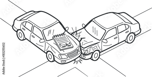 A sketch of two cars involved in a collision at an intersection in outline vector style, suitable for insurance and safety materials