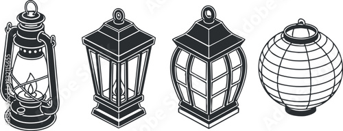 A collection of four vintage lanterns in black and white vector style, perfect for outdoor decor and event themes