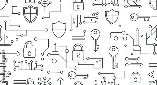 A seamless pattern of locks, keys, shields, and circuit lines in minimal outline vector style, ideal for cybersecurity projects
