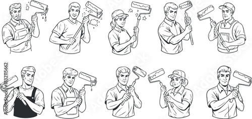 A collection of eight hand-drawn men using paint rollers in monochrome vector style, ideal for home improvement and renovation projects