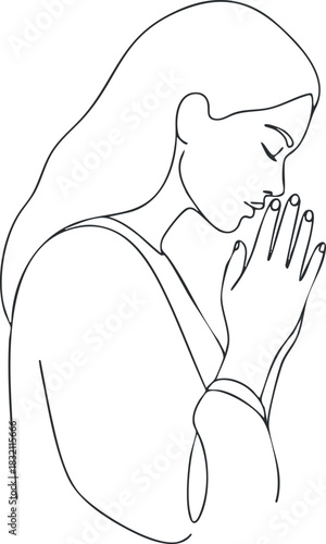A minimalist outline illustration of a woman praying with her hands together, ideal for spiritual and wellness themes
