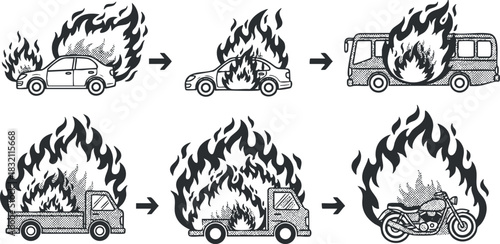 A sequence of illustrations depicting various vehicles on fire including a car, truck, and motorcycle in black and white vector style, ideal for safety awareness and emergency training materials