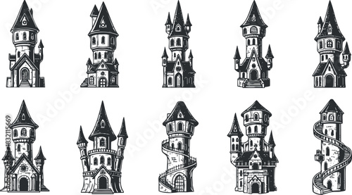 A collection of fantasy castle tower illustrations in vintage black and white outline style, suitable for storybook design and creative projects