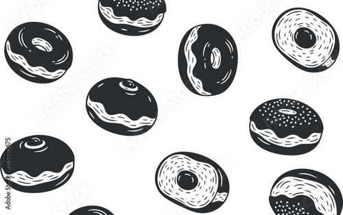 A pattern of various donuts in black and white minimalist vector style, perfect for bakery branding and dessert-themed designs