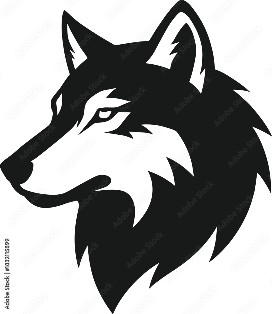 Obraz premium Stylized black and white wolf head profile vector for modern logo, animal emblem, tattoo and branding design