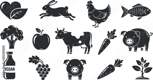 A collection of black and white food icons featuring vegetables, fruits, and farm animals in minimalist vector style, ideal for health and nutrition projects