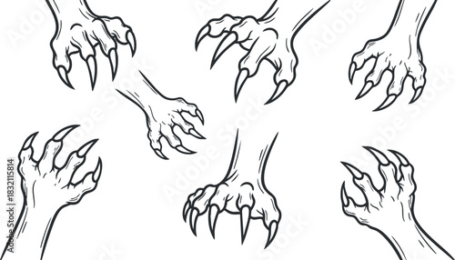 A collection of six monstrous clawed hands in black and white outline vector style, ideal for horror-themed designs