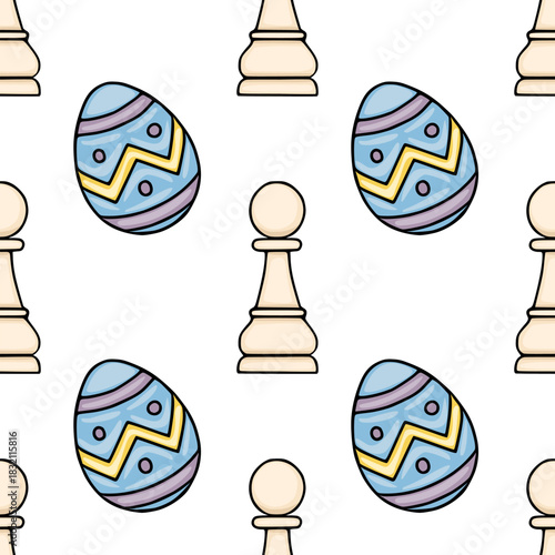 Seamless vector pattern featuring stylized Easter eggs and chess pawns on a white background.