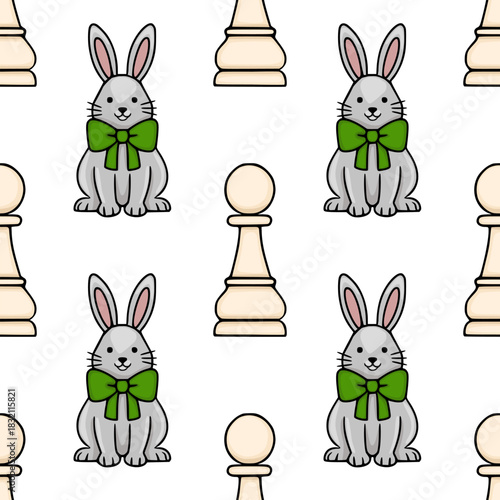 Whimsical vector pattern featuring cute grey bunnies with green bows and classic chess pawns on a white background, suitable for playful designs.