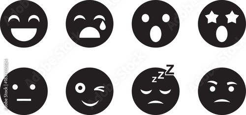 Collection of black emoji icons expressing a wide range of human emotions from happy to sad, neutral to angry, for digital communication. Vector