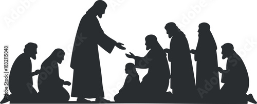 A silhouette of Jesus interacting with his disciples in a spiritual scene, depicted in a minimalist vector style, suitable for religious themes and educational materials