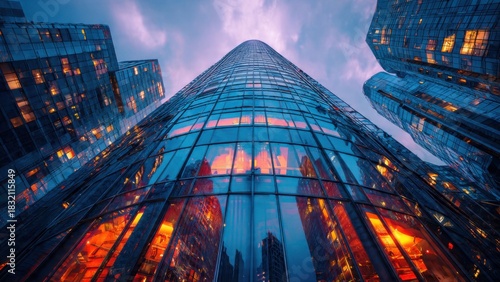 Wallpaper Mural Stunning Skyscraper Reflection at Dusk Showcasing Modern Architectural Design with Vibrant Urban Colors and Dramatic Sky Torontodigital.ca