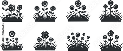 A collection of black silhouette flower illustrations with sunflowers and grass in minimalist vector style, suitable for nature-themed designs