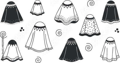 A collection of traditional dresses with decorative patterns in black and white minimalist vector style, suitable for fashion design projects
