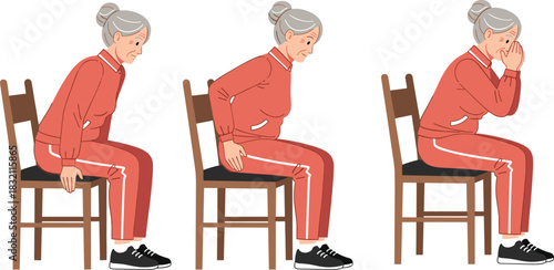 Vector illustration of senior woman in red tracksuit performing chair exercises and stretching for elderly fitness and rehabilitation.