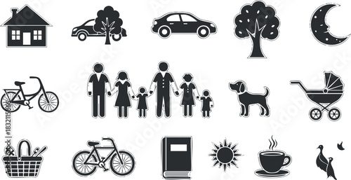A collection of lifestyle and family icons including a house, tree, car, family, dog, and bicycle in black and white minimalist vector style, ideal for family-oriented designs and community themes
