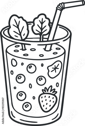 A refreshing drink with strawberries and mint leaves in an outline minimalist vector style, perfect for summer beverage designs